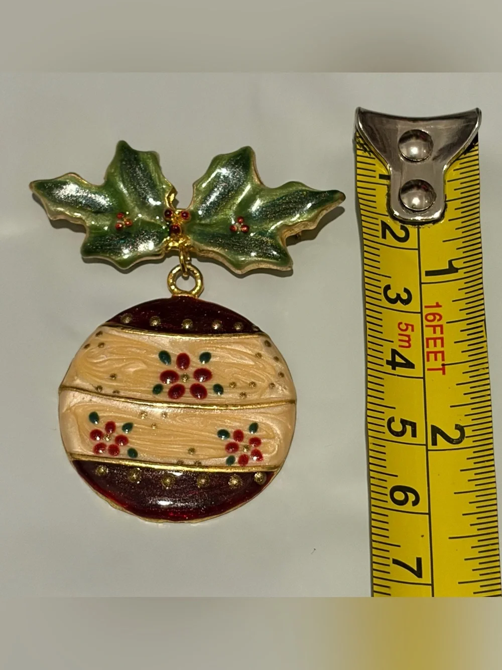 VTG Tanya Creations Brooch Dangling Ornament With Holly Sprig Enamel